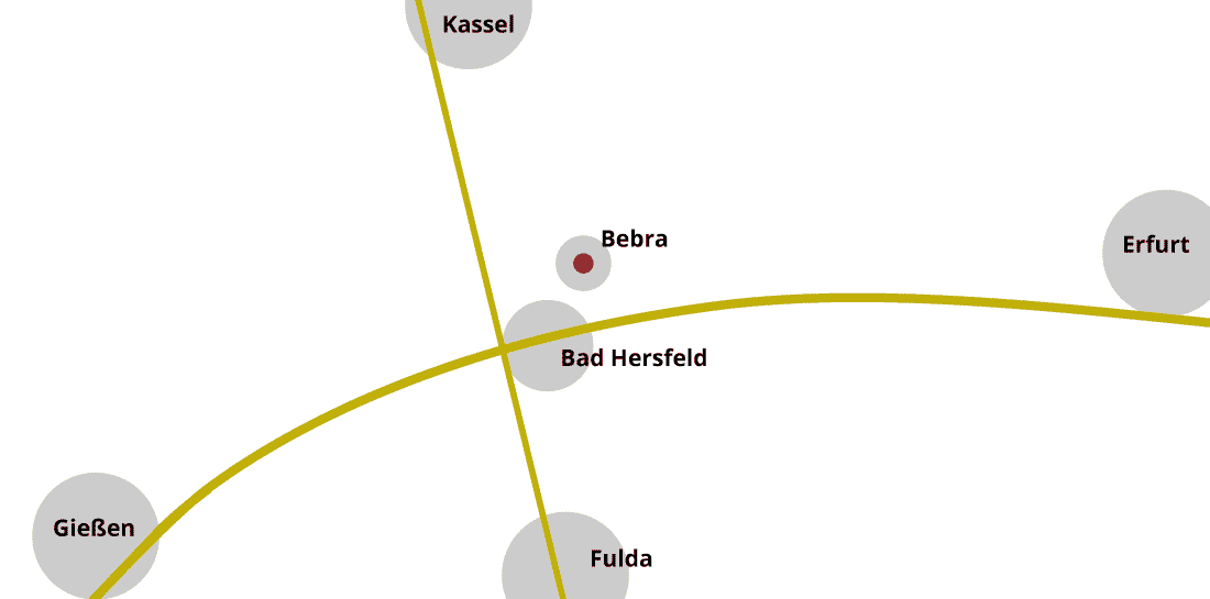 Kartenskizze mit den Autobahnen am Kreuz Bad Hersfeld, der Stadt Bad Hersfeld, Bebra (mit rotem Punkt in der Mitte), oben Kassel, links Gießen, rechts Erfurt und unten Fulda.